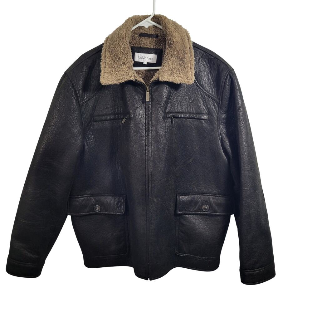 Calvin Klein Leather Look Exterior With Sherpa Collar & Lining Jacket Size L